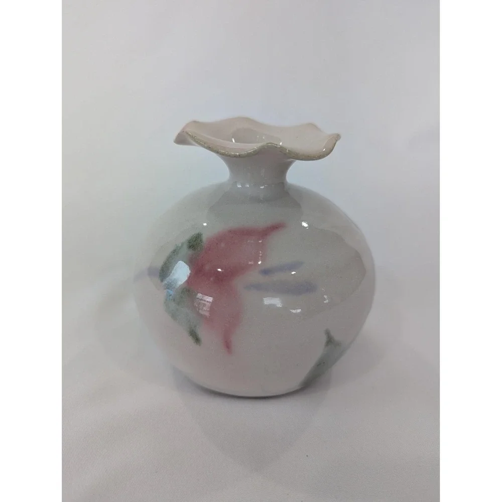 Jon Tury Michigan Studio Pottery Floral Bud Vase Ruffled Rim Pink White 4x4